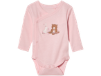 Pink Lupilu® baby wrap-over bodysuit with a bunny and bear graphic