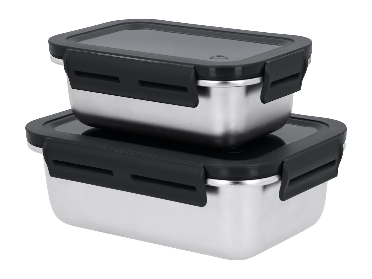 Two stacked stainless steel food containers with black lids and clasps.