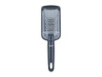 A dark grey handheld grater with a clear plastic cover, featuring the text 'MADE IN TURKEY'.
