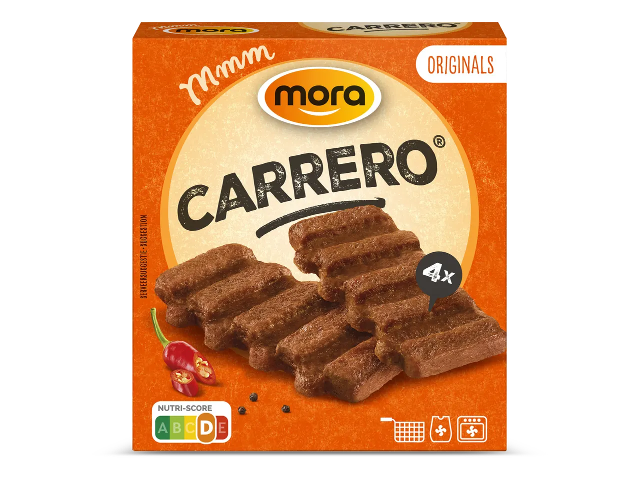 Verpakking met vier gegrilde vleesrepen, rode pepers en zwarte peperkorrels.