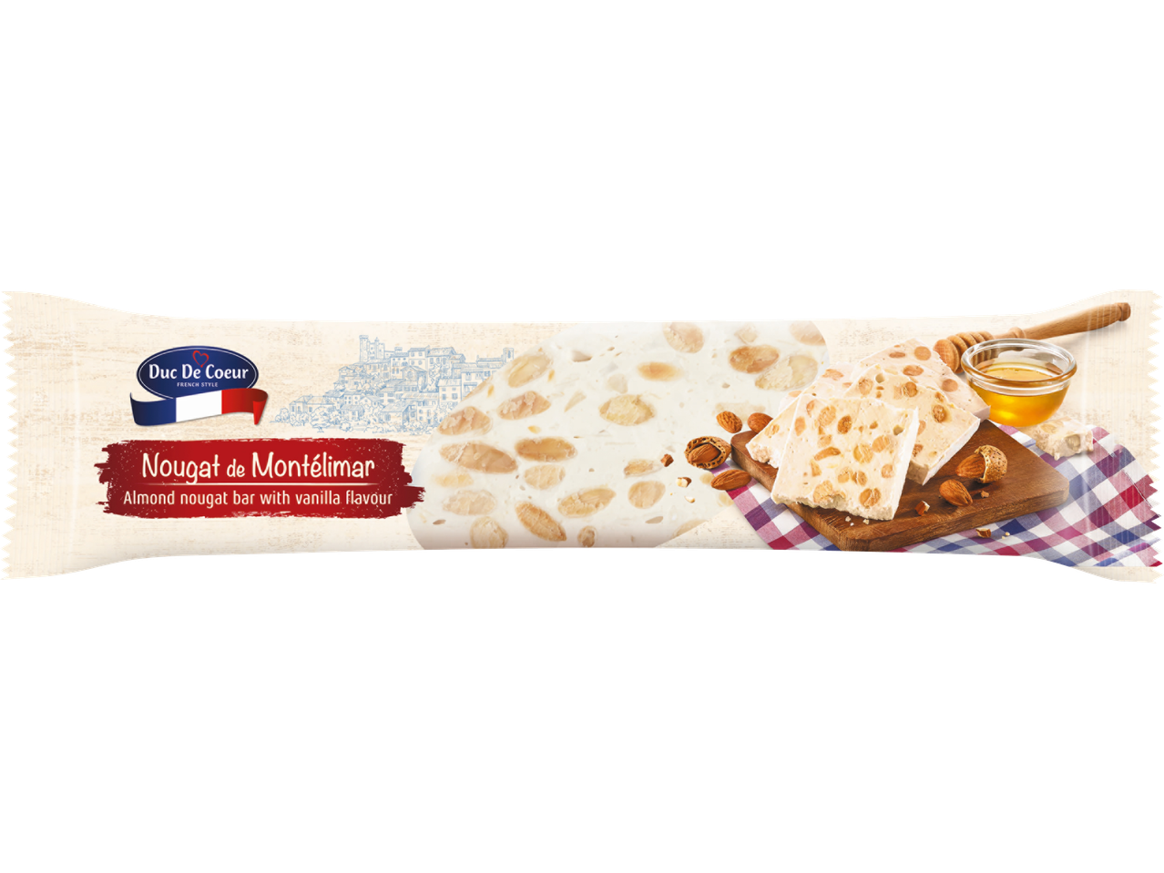 En förpackning Duc de Coeur Fransk nougat.