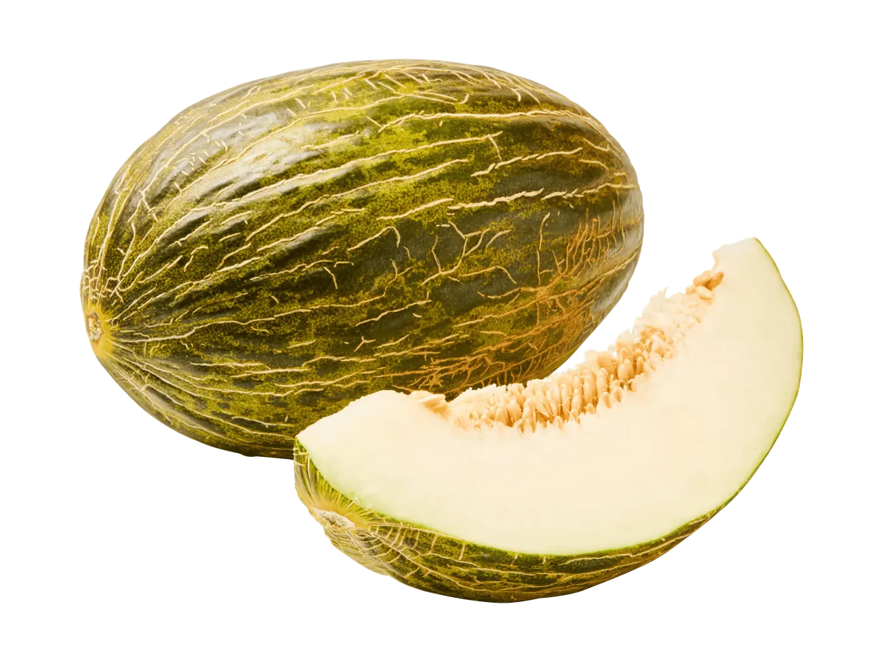 Un melone Piel de Sapo intero e una fetta su sfondo nero.