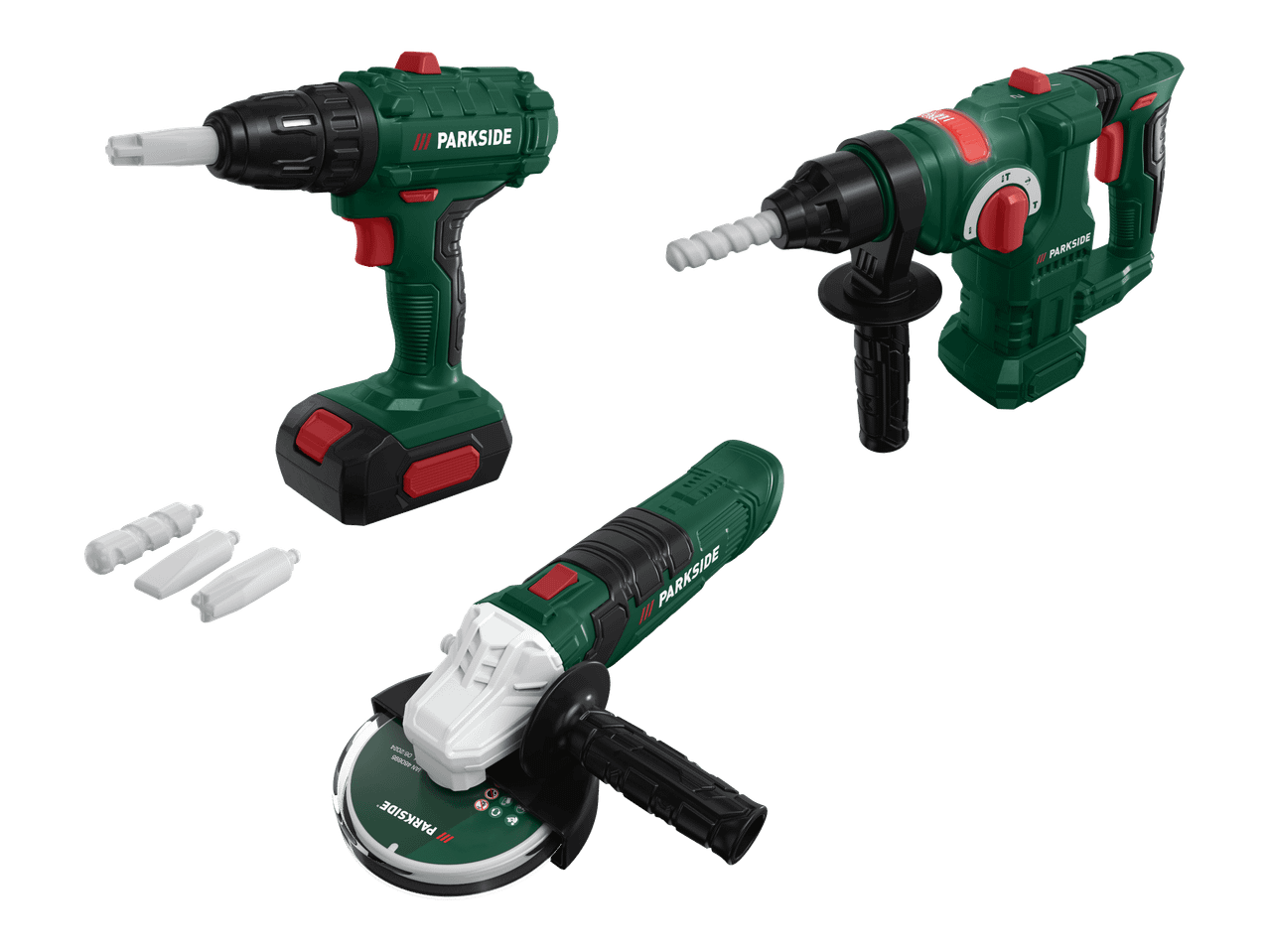 PARKSIDE-lelutyökalusetti, jossa on porakone, iskuporakone ja kulmahiomakone