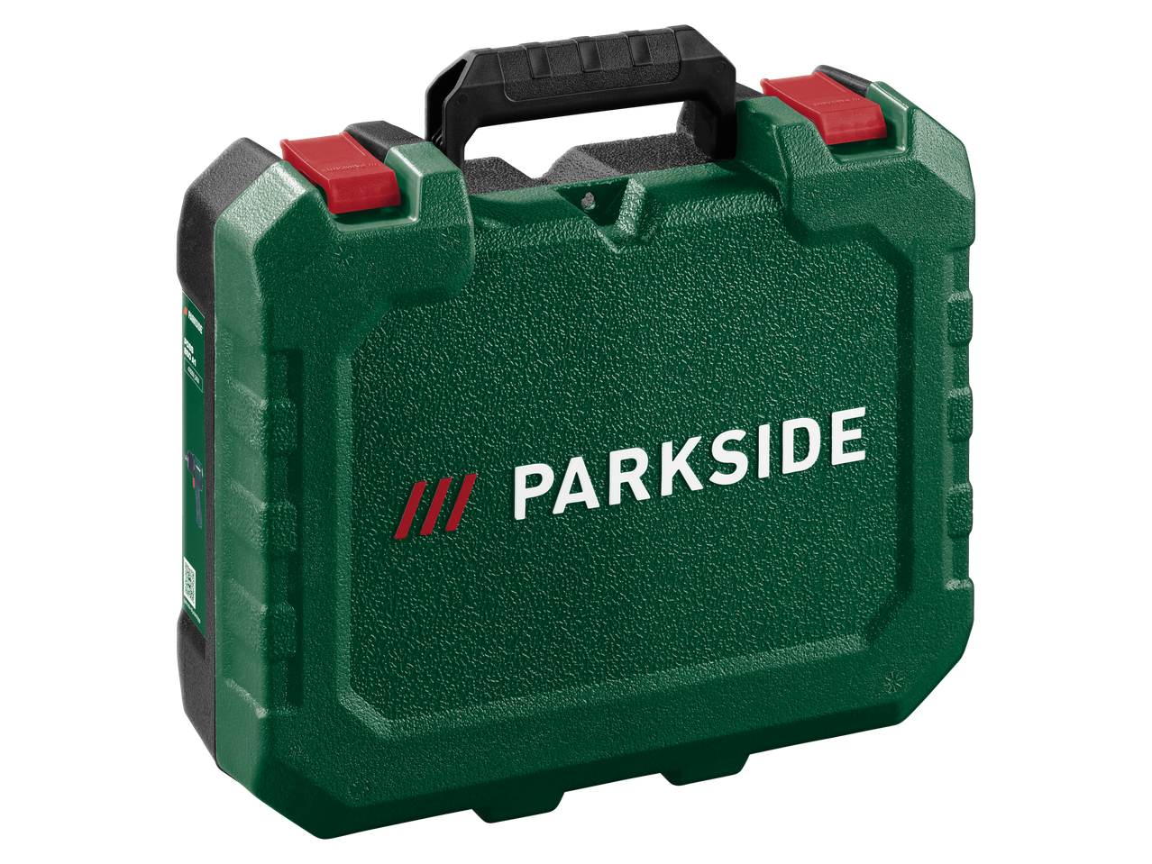 Zelena kutija za alat Parkside PDSS 850 A1 sa crnom ručkom i crvenim kopčama.