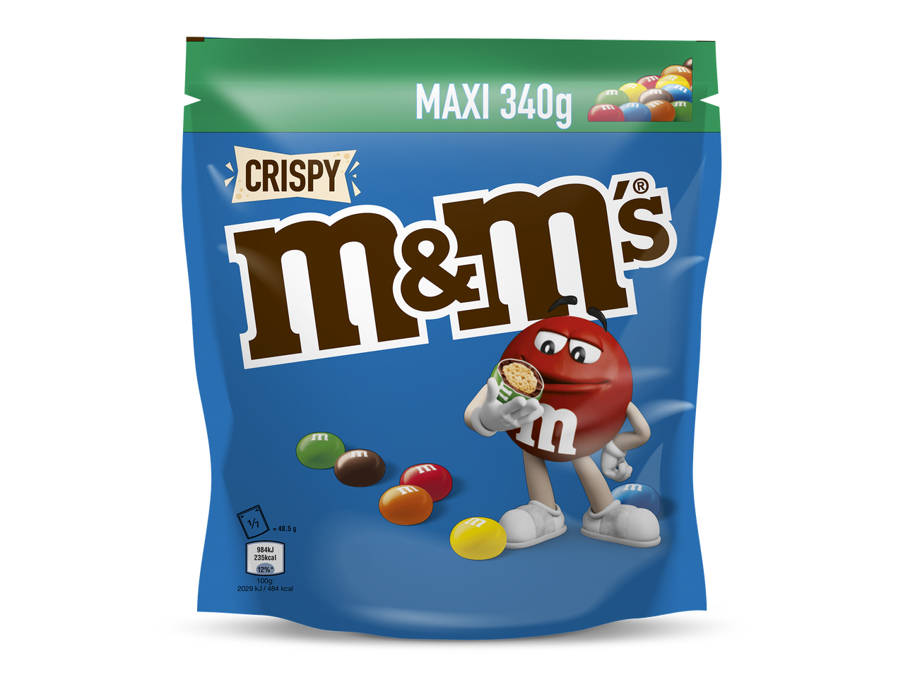 Een blauwe verpakking van knapperige chocolade-pinda's, 340g.