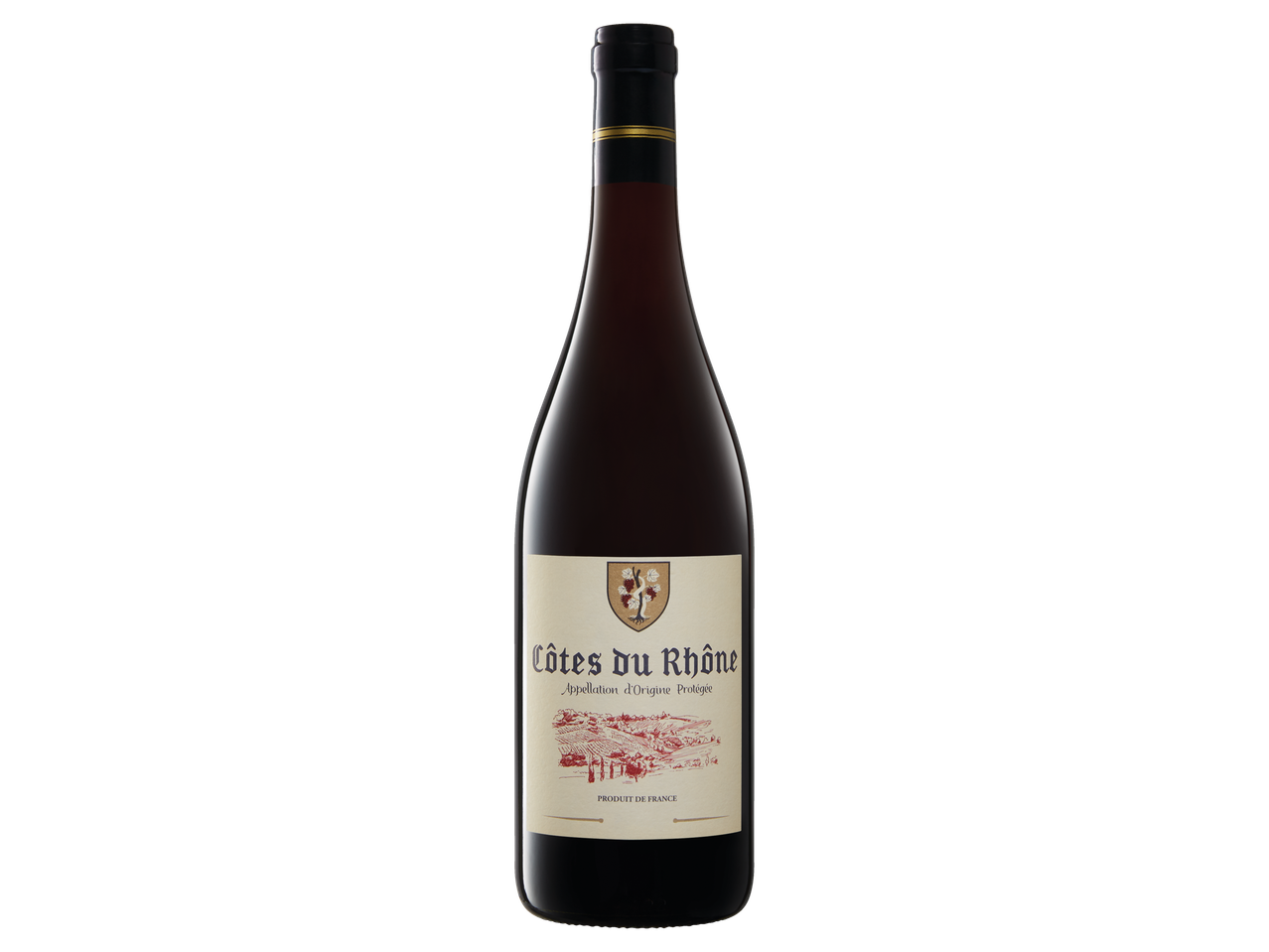En flaske Côtes du Rhône vin mod en sort baggrund.