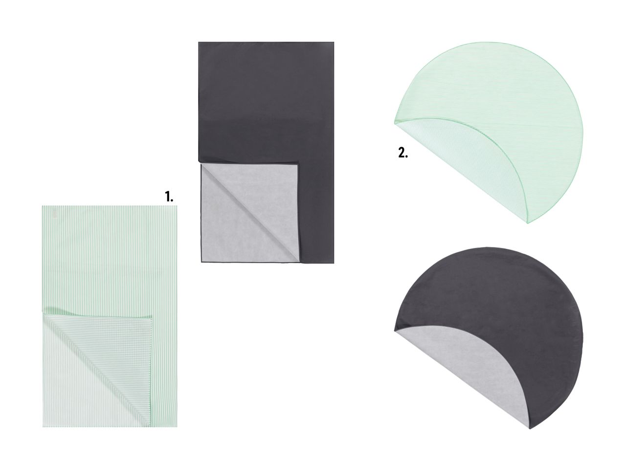 Ensemble de deux couvertures réversibles, une en vert menthe et l'autre en gris anthracite.