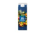 Blå juicekarton med 16 eksotiske frugter, herunder ananas, kiwi, appelsin og æble.