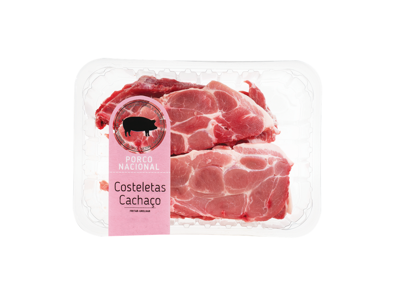 Embalagem de costeletas do cachaço de porco frescas com rótulo rosa.