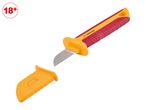 Insulated electrician's knife with a curved blade and protective sheath, 18+ age restriction.