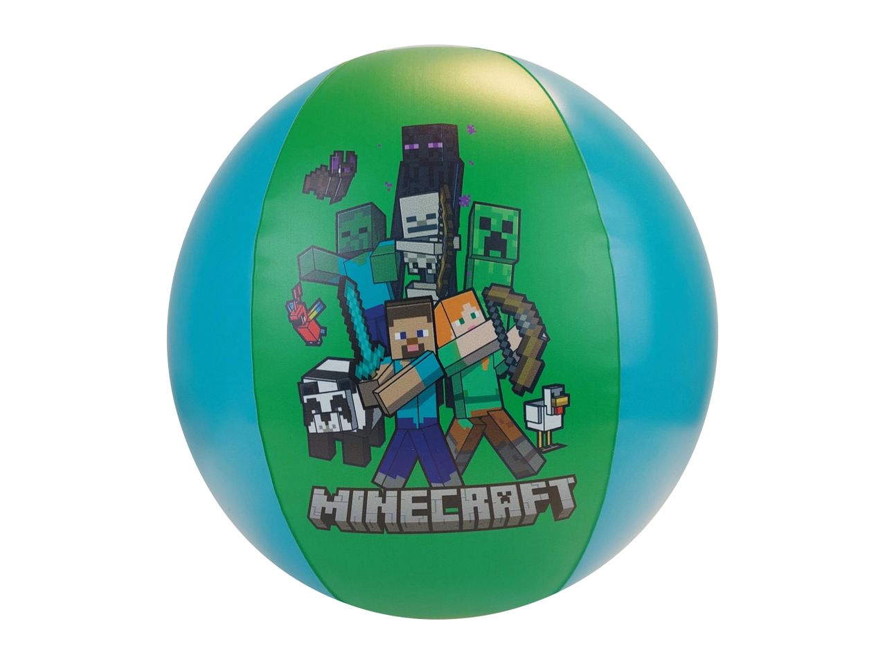 Green and blue beach ball with pixelated characters and logo