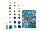 Diamond painting kit with a butterfly and water lilies design, various colored beads, and tools.