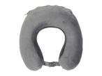 Grey U-shaped travel neck pillow with a snap closure.