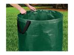 Hands adjusting the drawstring of a green garden waste bag on a lawn.