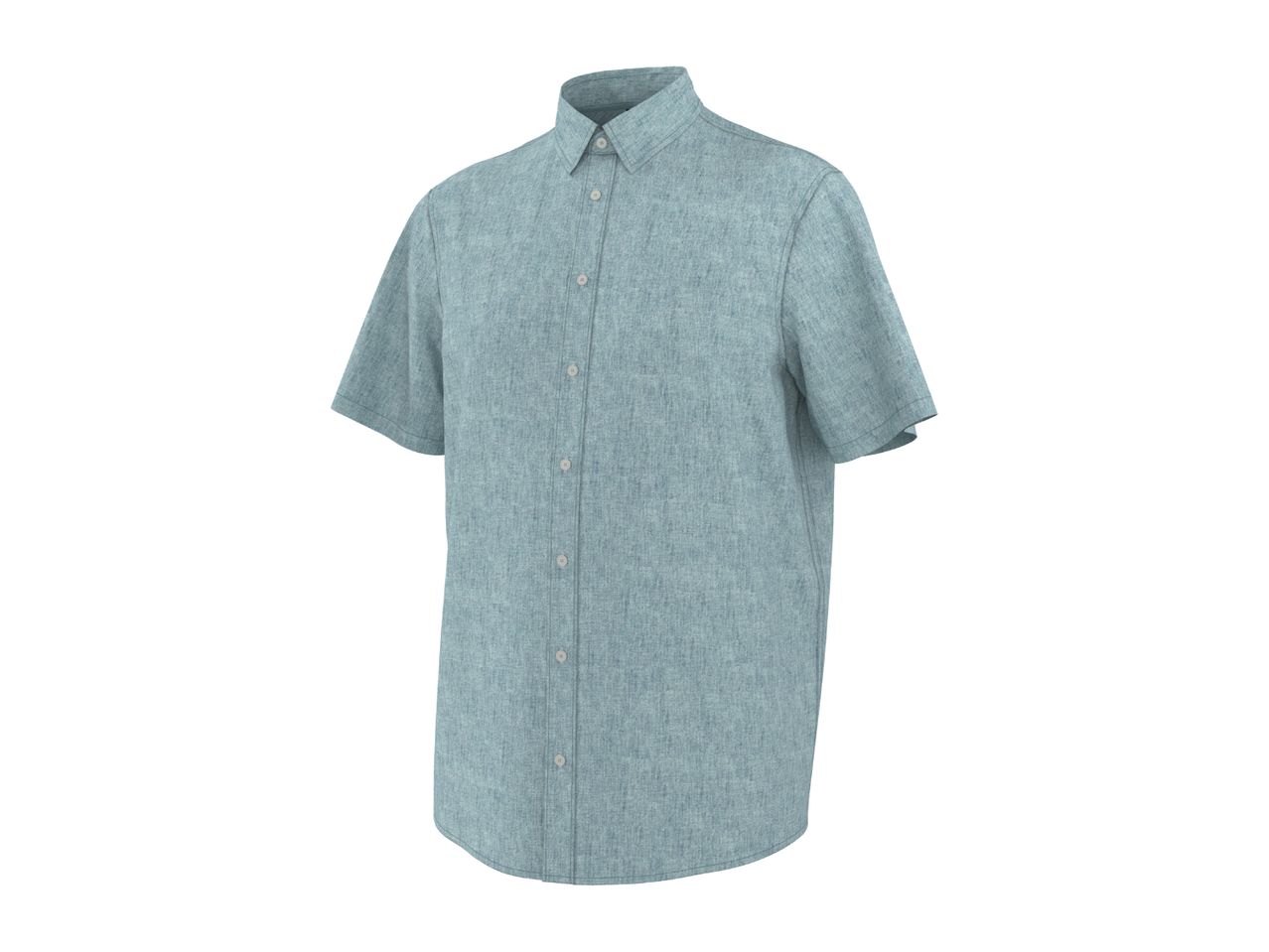 Light blue short-sleeved button-up shirt with a textured fabric.