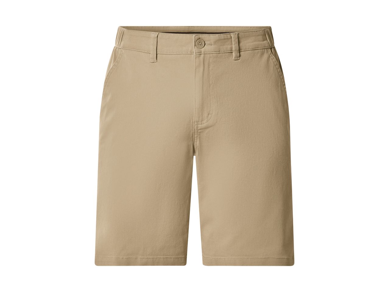 Front view of a pair of plain beige men's shorts with a button and zipper closure.