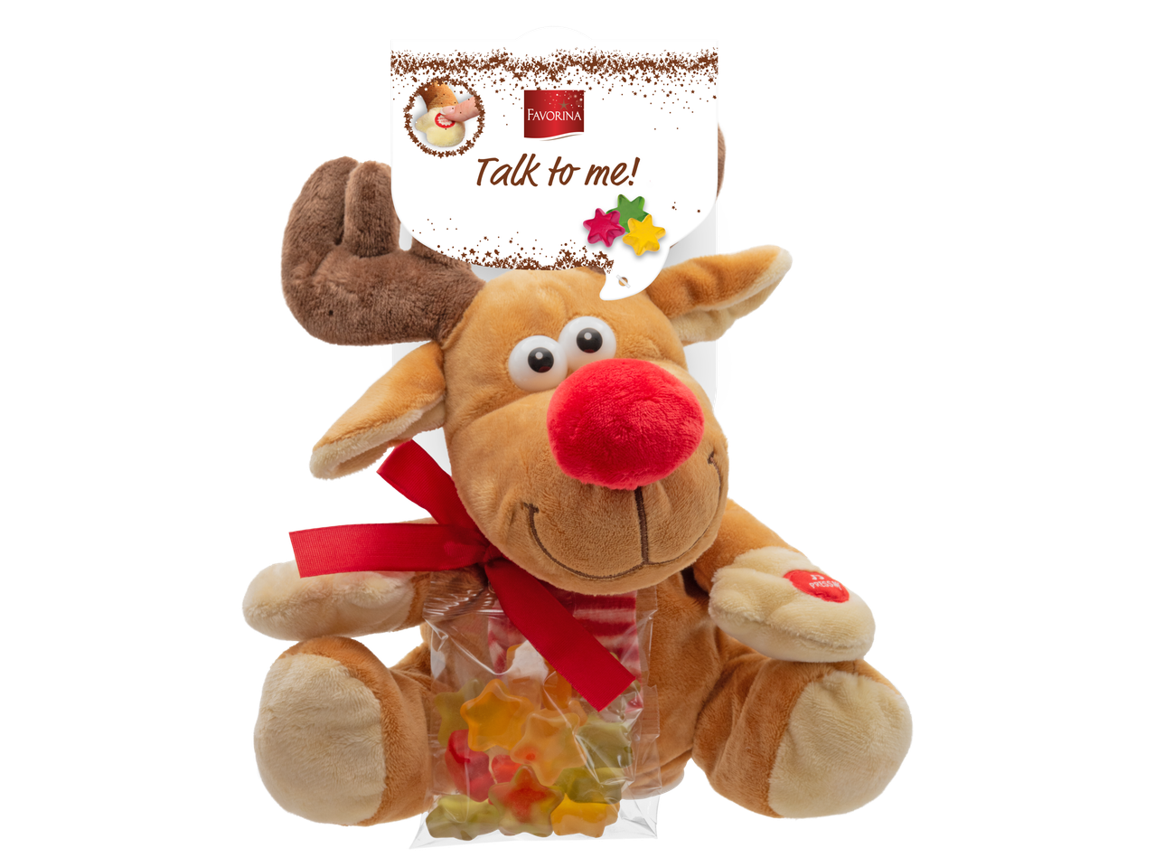 Говореща плюшена играчка елен Favorina с шоколадови лакомства.