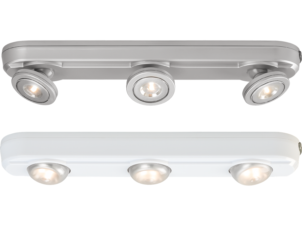Två tre-lampiga spotlights, en silverfärgad och en vit.