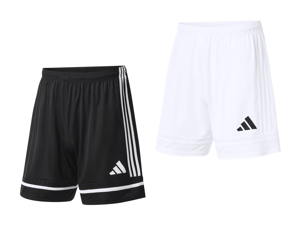 Schwarze und weiße Sportshorts mit Seitenstreifen und einem Logo.