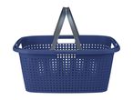 A navy blue plastic laundry basket with dark gray handles.