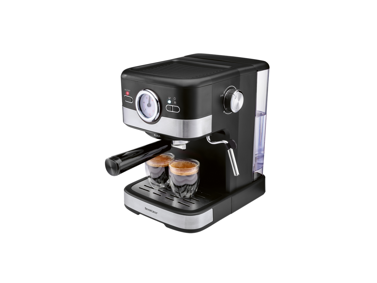Máquina de café expresso SilverCrest preta e prateada com dois copos de café.