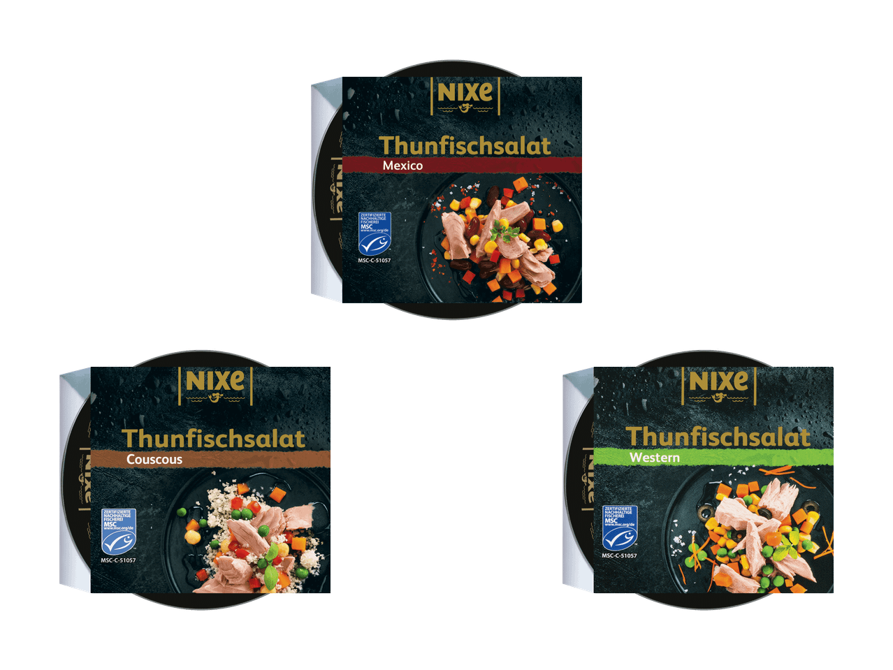 Drei Thunfischsalate in verschiedenen Geschmacksrichtungen: Mexiko, Couscous und Western, alle MSC-zertifiziert.