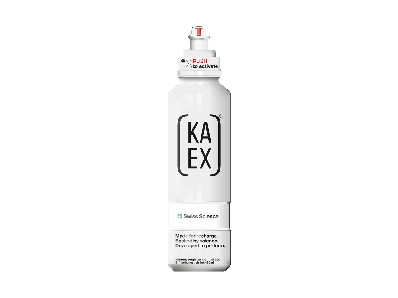 Une bouteille blanche de boisson énergisante KAE X avec les instructions 'PUSH to activate' et le texte 'Swiss Science'.