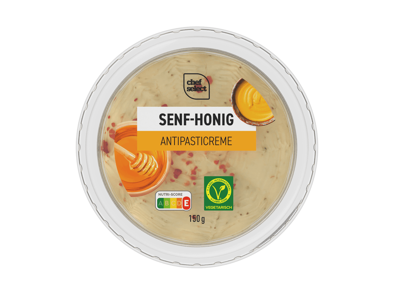 Senf-Honig Antipasticreme mit Nutri-Score E und V-Label Vegetarisch, 150g.