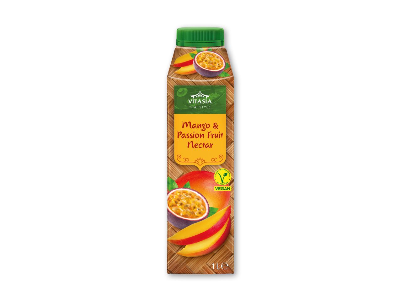 Mango- og passionsfrugtnektar i en 1-liters flaske, mærket som vegansk.