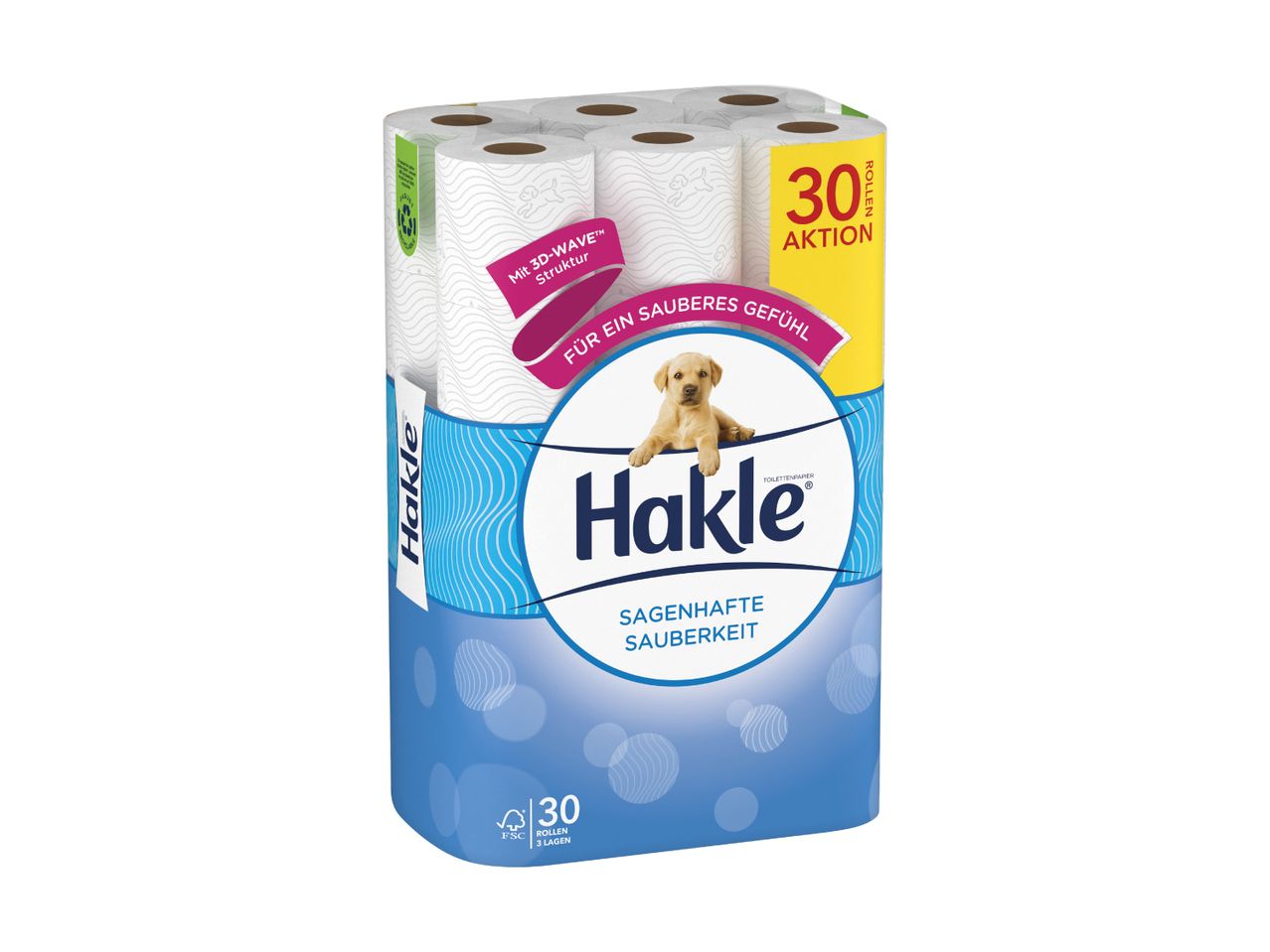 Un paquet de 30 rouleaux de papier toilette Hakle, avec une texture 3D-Wave pour un nettoyage en profondeur.