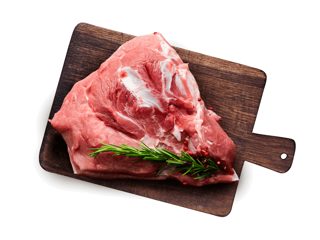 Rohes Fleischstück mit Rosmarin und Pfefferkörnern auf einem Holzbrett.