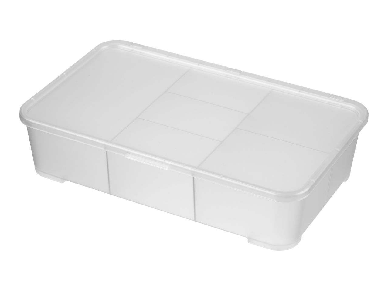 A clear plastic storage box with a divided interior.