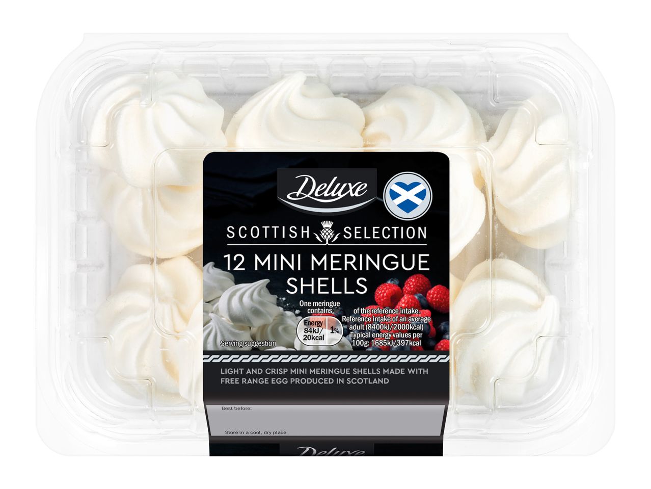 A clear plastic container of 12 mini meringue shells with a label indicating they are a Scottish Selection.