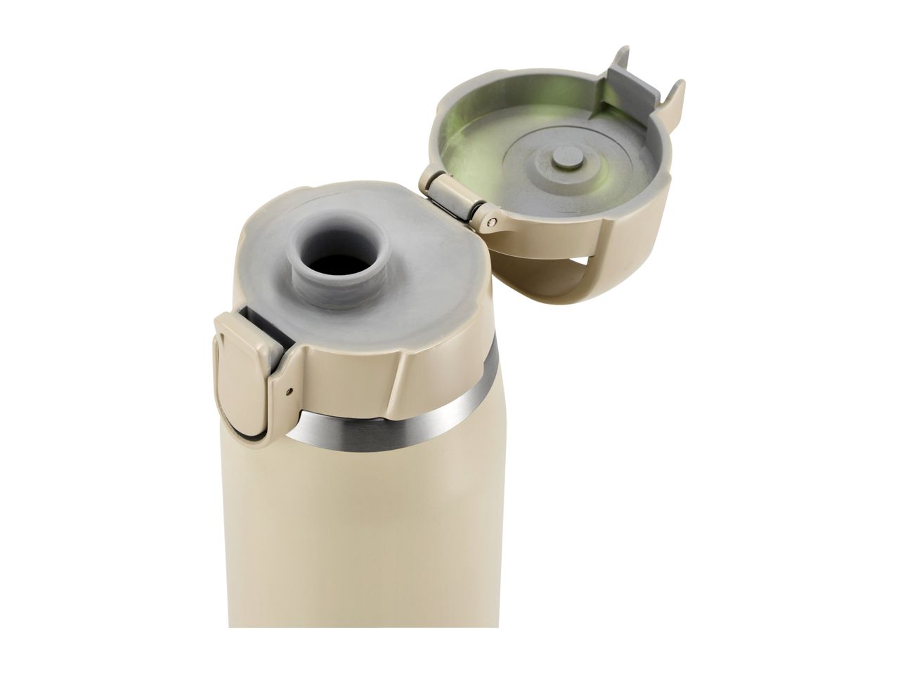 Open beige travel mug with a grey lid and a silver band.