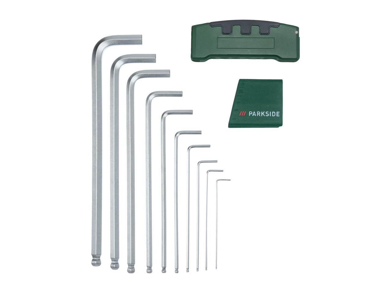 A set of L-shaped hex keys in various sizes, with a green holder and a green size guide.