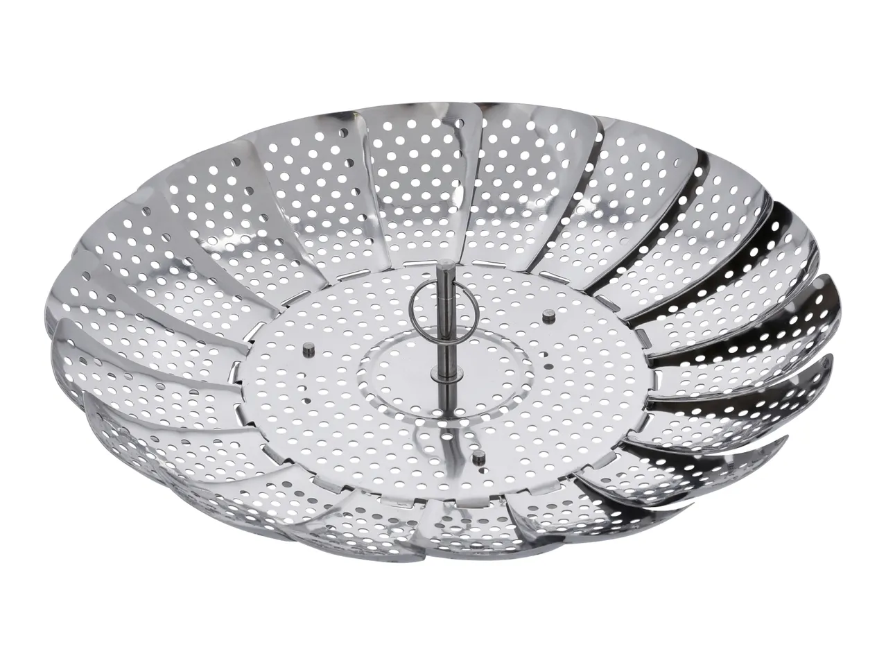 Stainless steel vegetable steamer basket with perforated leaves and central handle
