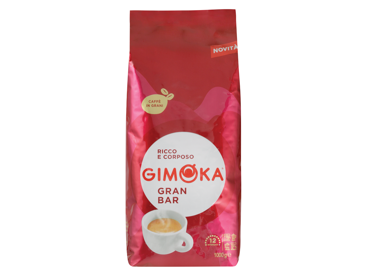 Gimoka Gran Bar kavna zrna v rdeči vrečki, z napisom »Ricco e Corposo« in »Novità«.