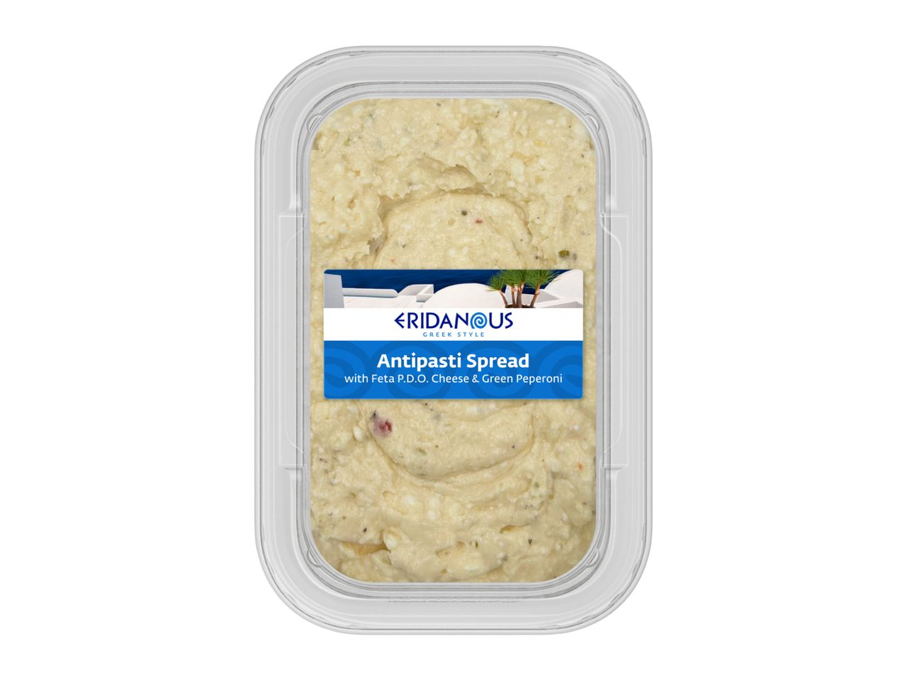 Eridanous Antipasti Spread with Feta P.D.O. Cheese & Green Peperoni in a clear container