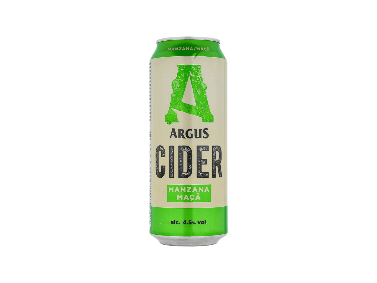 Lata de sidra de maçã com 4,5% de álcool, com um design verde e bege.