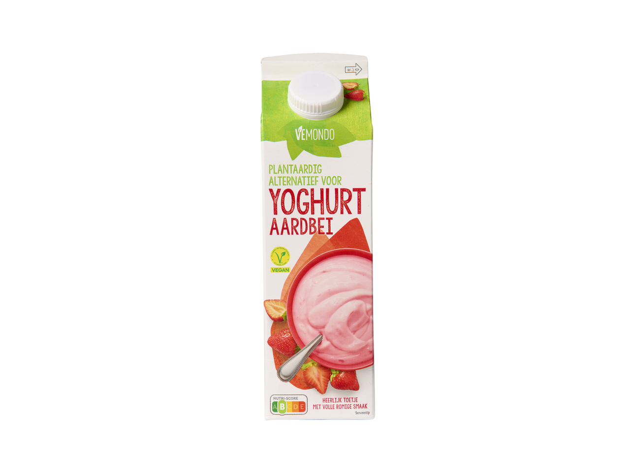Plantaardig alternatief voor yoghurt met aardbeiensmaak, veganistisch en Nutri-Score B.