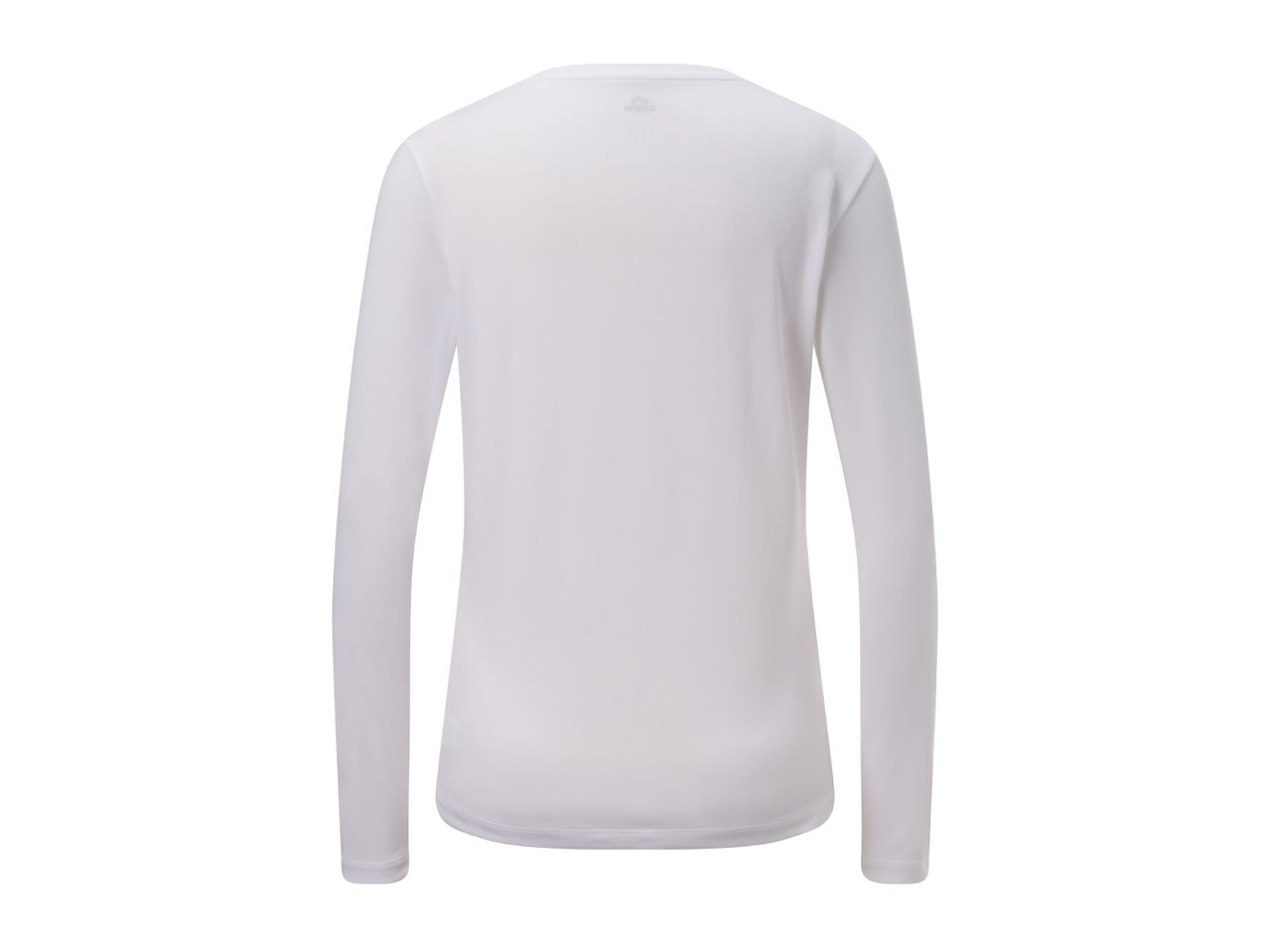 White long-sleeved athletic top with a small logo on the back of the neck