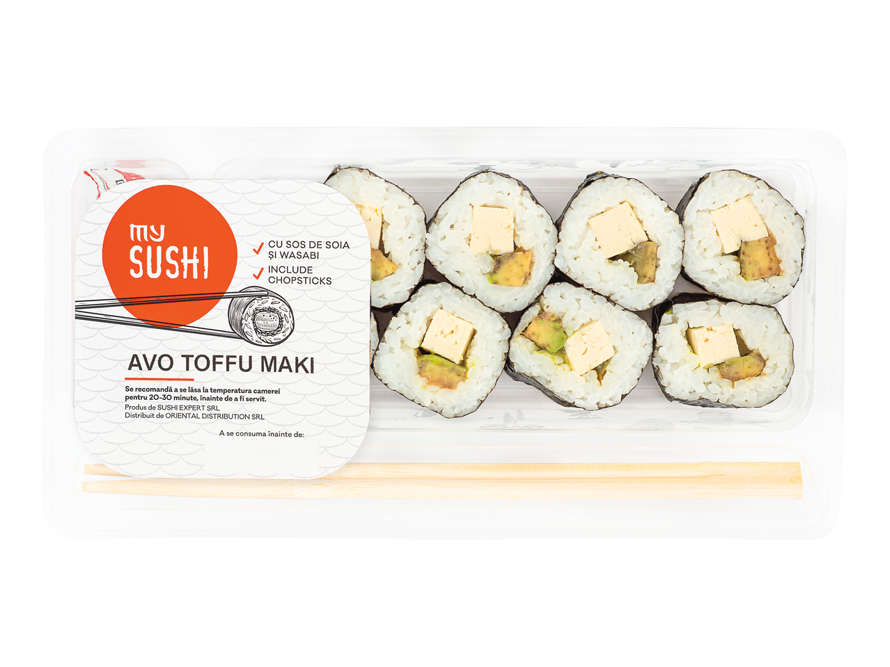 My Sushi Avo Tofu Maki: Opt bucăți de sushi vegan într-un recipient transparent din plastic, cu bețișoare.