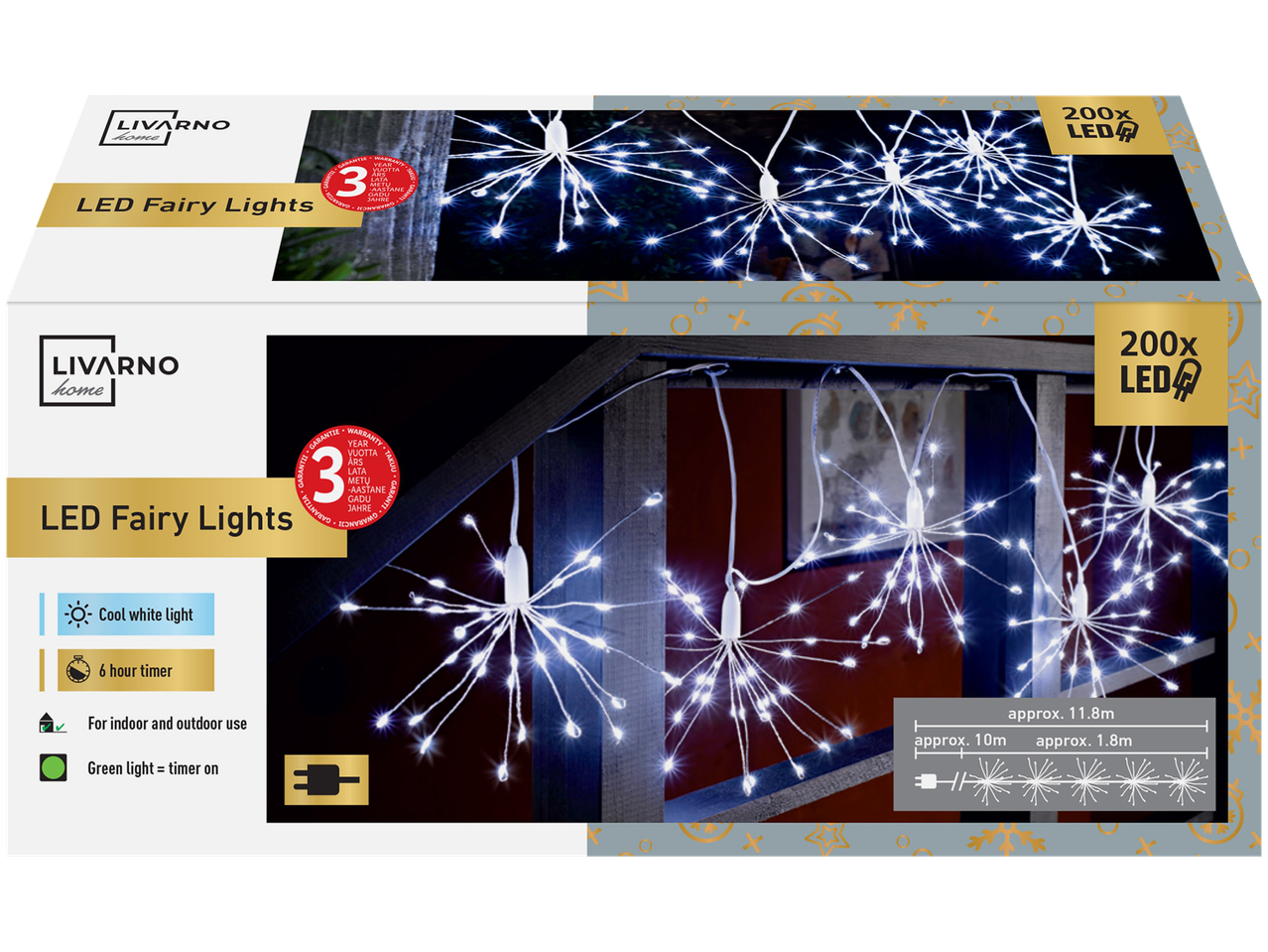 Livarno home LED girlianda su 200 šaltai baltų šviesos diodų ir 3 metų garantija.