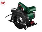 A green and black circular saw with a wood-cutting blade, marked 18+ for age restriction.