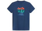 T-shirt bleu marine avec un motif de palmiers, de planches de surf et d'un coucher de soleil.
