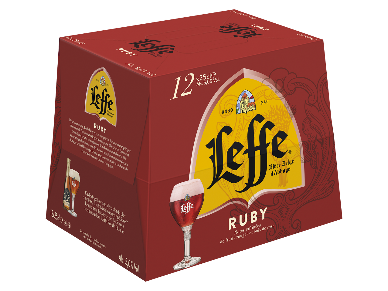 Un pack de 12 bières rouges avec des notes de fruits rouges et de bois de rose.
