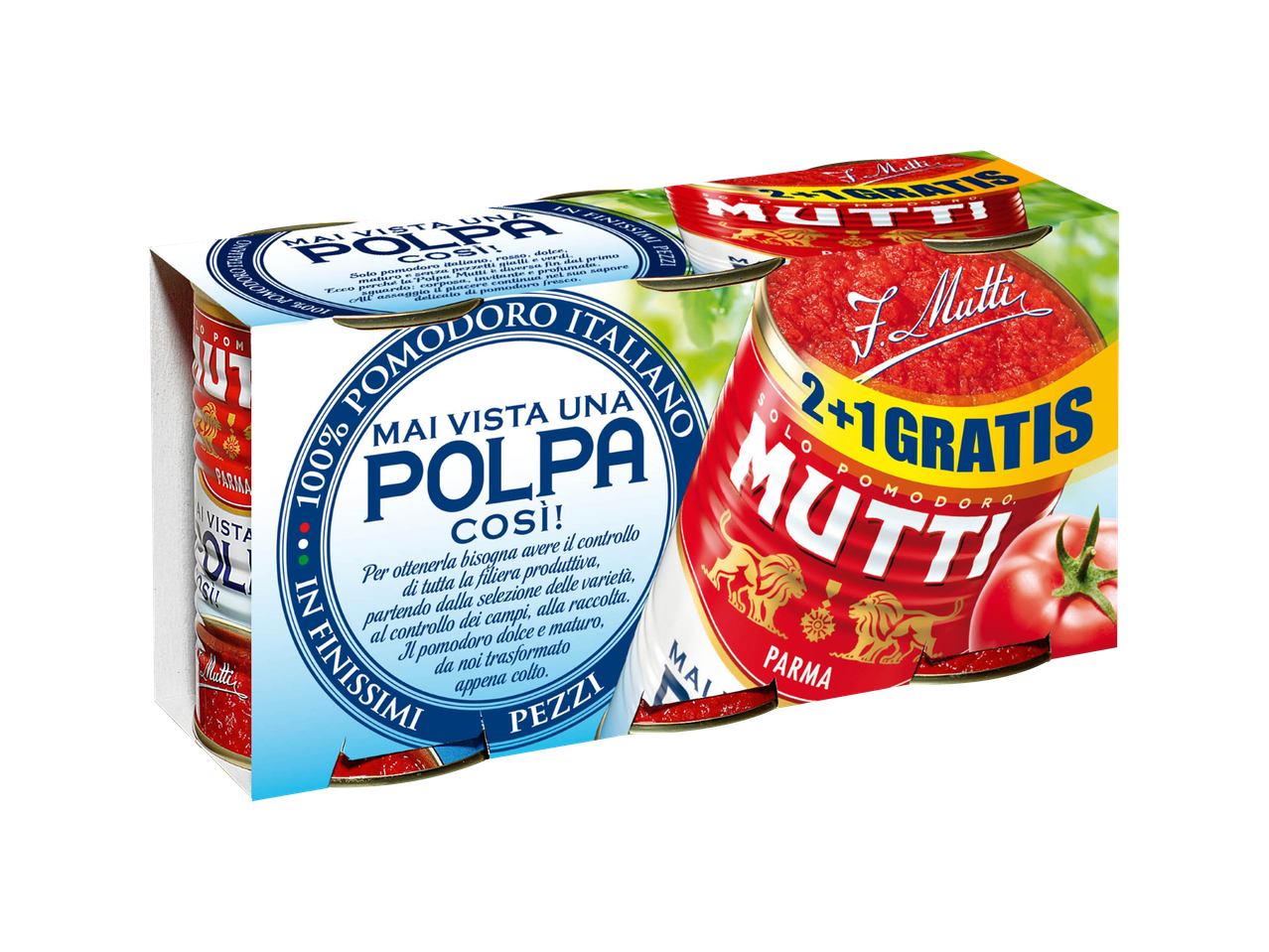 Confezione Mutti con polpa di pomodoro e pelati.