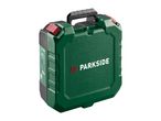 Green and black plastic tool case with red latches and a carrying handle.