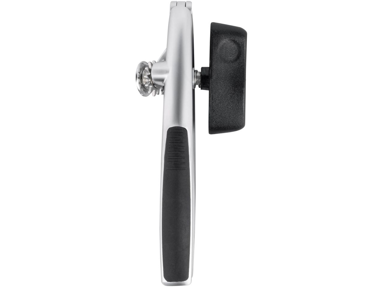 Silver and black can opener with a textured handle.