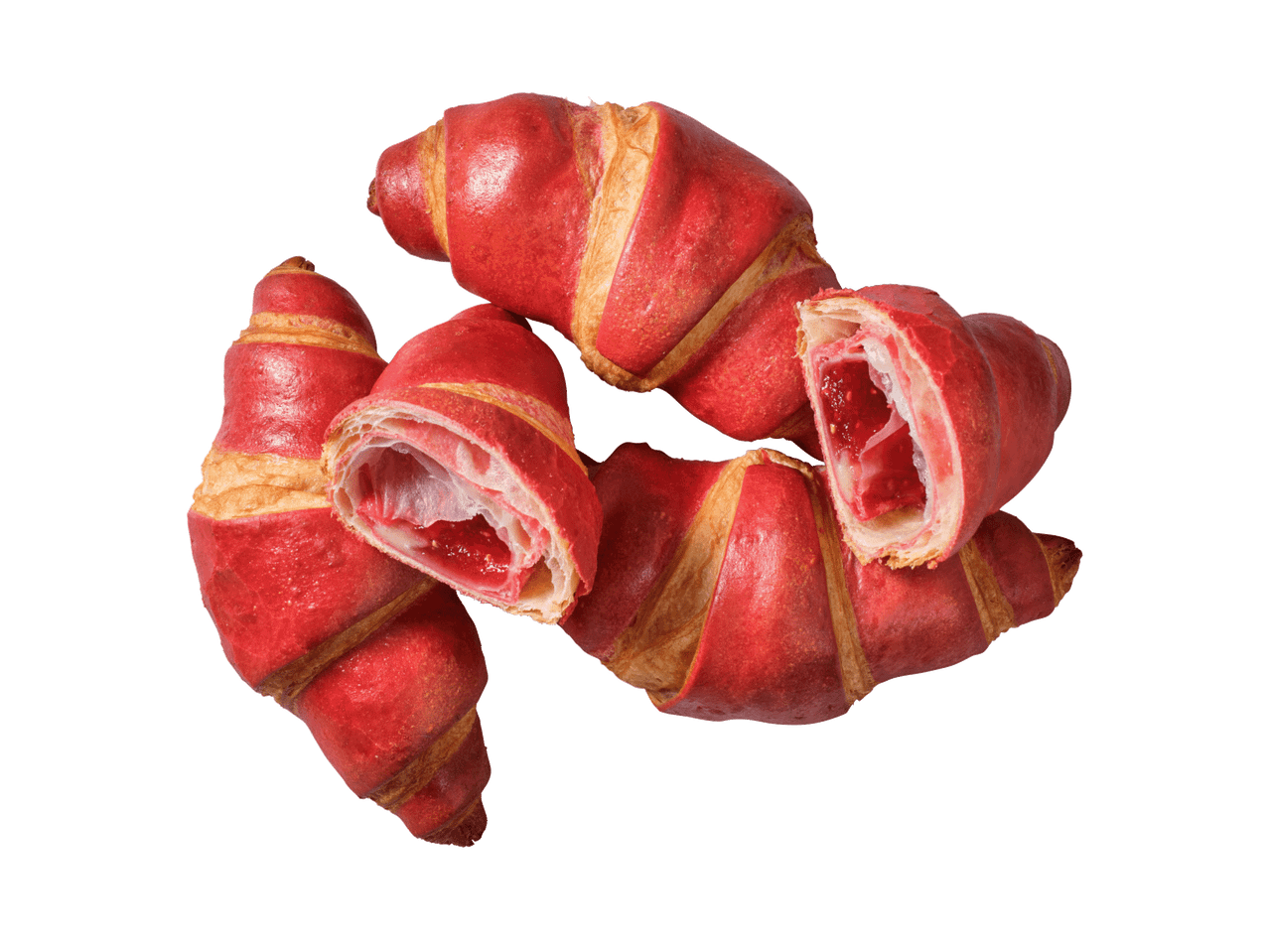 Sarkani kruasāni ar aveņu pildījumu uz melna fona